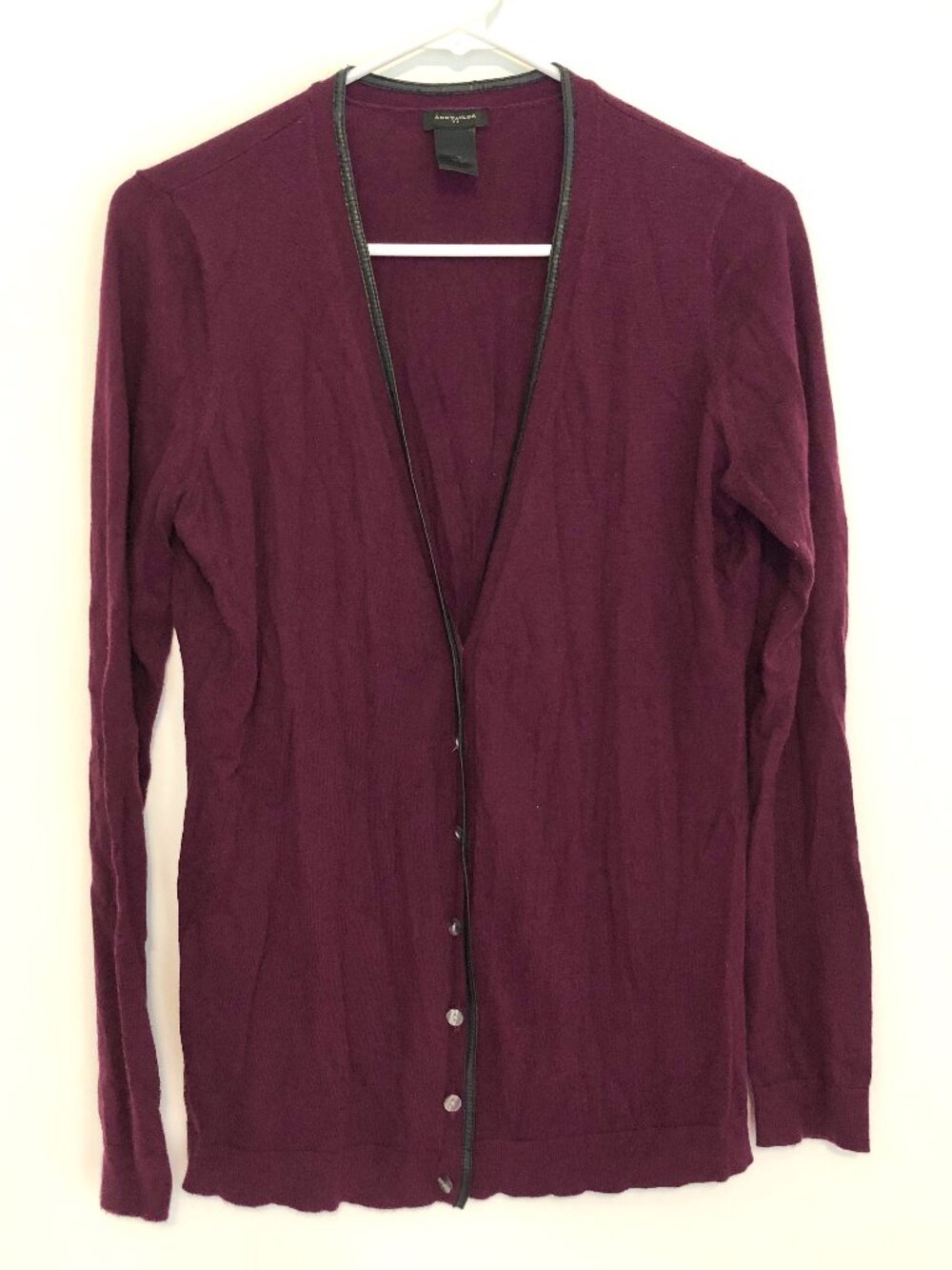 ANN TAYLOR Plum Purple Vegan Faux Leather Trim Button Down Cardigan Sweater M